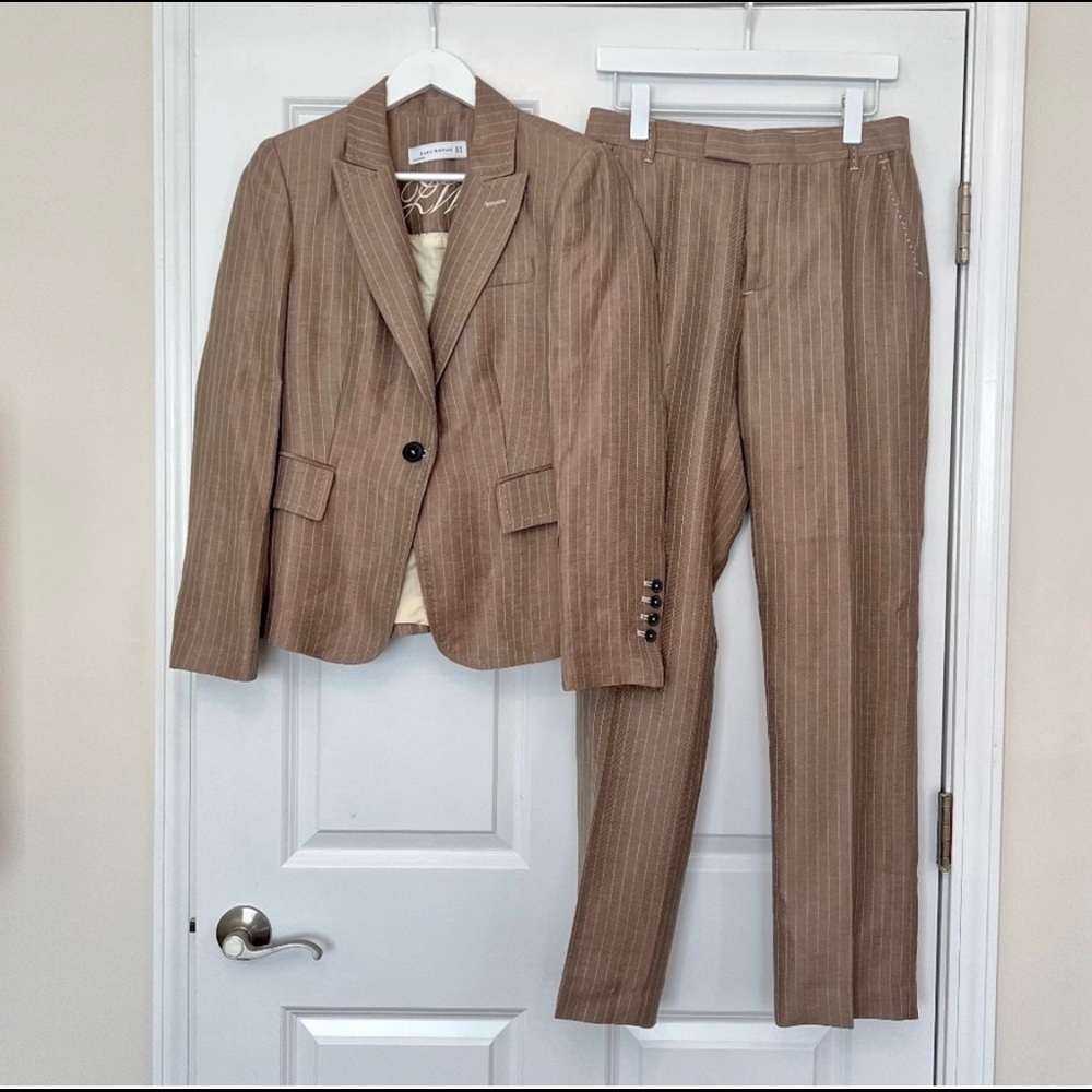 Zara Cotton Pinstripe Two-Piece Blazer & Wide Leg Pants Set Beige / Brown 8